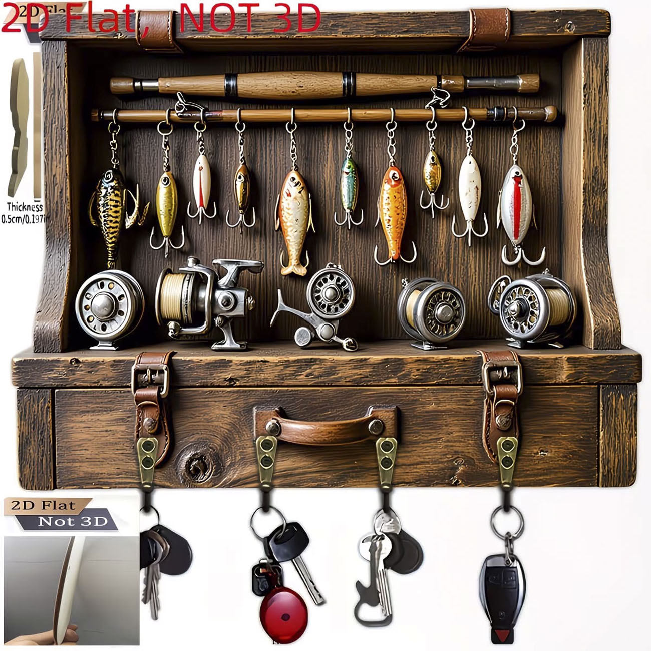 Fly Reel - Vintage visserijhengel sleutelhanger, 2D platte print